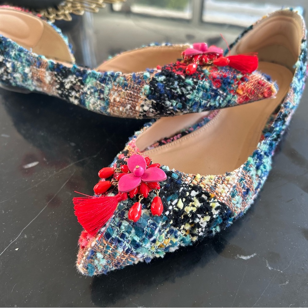 J. Crew Multicolor Tweed Flats with Red Accents